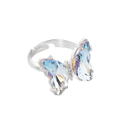 8 Pcs Gold Plated 3D Butterfly Rings Acrylic Adjustable Open Colorful Crystal Bowknot Shaped Band Rings for Women Girls Finger Jewelry - color: mix silver