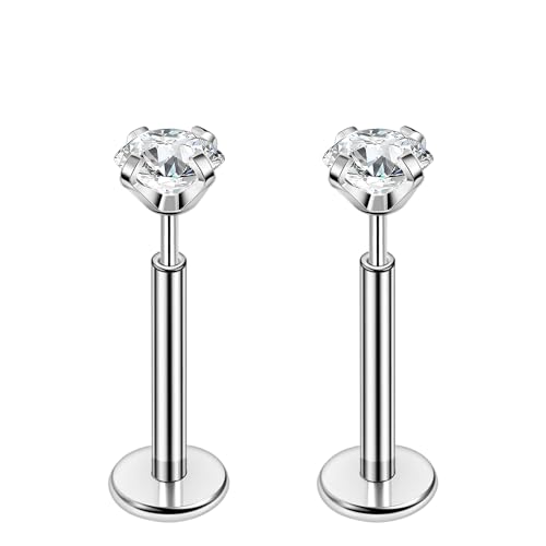 PunkTracker 16g/18g/20g Titanium Steel Threadless Flat Back Cartilage Earrings for Helix/Tragus/Conch/Daith/Earlobe - Nose Studs Lip Rings Labret Monroe Piercing Jewelry for Women Men 2PCS - style: 16g,silver,8mm bar,3mm gem