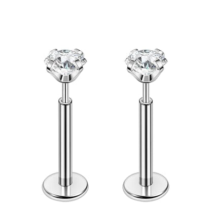 PunkTracker 16g/18g/20g Titanium Steel Threadless Flat Back Cartilage Earrings for Helix/Tragus/Conch/Daith/Earlobe - Nose Studs Lip Rings Labret Monroe Piercing Jewelry for Women Men 2PCS - style: 18g,silver,8mm bar,3mm gem