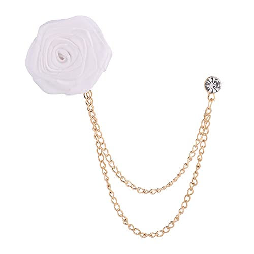 Bridegroom Wedding Brooch, Rose Flower Brooch Lapel Pin Badge Tassel Chain for Men Suit Accessories, Cloth Art Handmade Jewelry - color: White