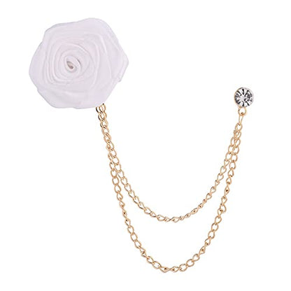Bridegroom Wedding Brooch, Rose Flower Brooch Lapel Pin Badge Tassel Chain for Men Suit Accessories, Cloth Art Handmade Jewelry - color: White