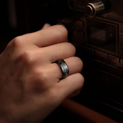 King Will Mens Galaxy Tungsten Wedding Band | 6mm/8mm, Beveled Edge, Comfort Fit, Durable, Sandstone Opal Inlay Polished, Everyday Wear - color: Blue&Green&Gold