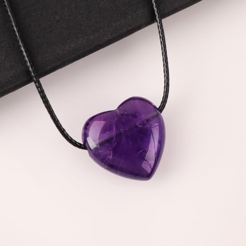 weryerker Natural Gemstone Heart Pendant Necklace Healing Crystal Heart Charm Necklace Adjustable Waxed Black Rope for Women - color: Amethyst