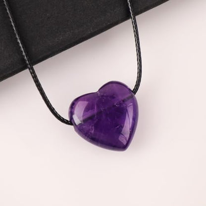 weryerker Natural Gemstone Heart Pendant Necklace Healing Crystal Heart Charm Necklace Adjustable Waxed Black Rope for Women - color: Amethyst