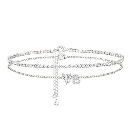 Heart Initial Silver Anklets for Women Waterproof Dainty Silver Plated ankle bracelets for women Large Ankle Women's Anklets Tennis ankle bracelets Non Tarnish Summer Beach Foot Jewelry - style: Silver-B