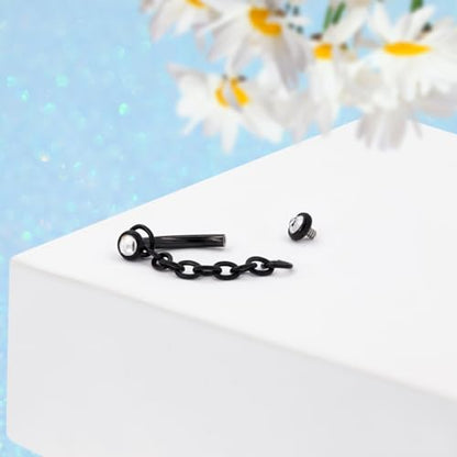 3 Pcs 316L Stainless Steel 16G Tragus Helix Rook Piercing Jewelry with Chain, Cartilage Earrings for Women, Belly Button Ring Vertical Labret Lip Piercing Jewelry - color: Black, size: Full Setting