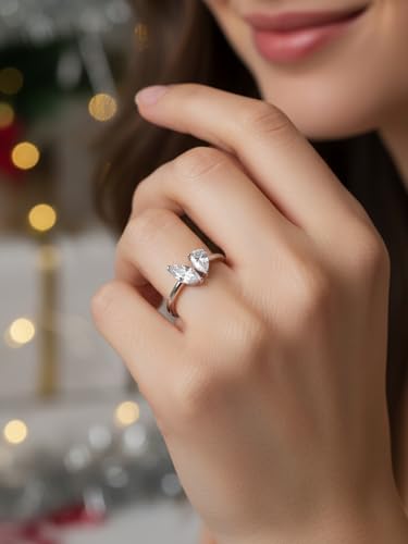 FWM 2 Carat Moissanite Toi Et Moi Open Ring for Women, Adjustable Engagement Wedding Ring, Solid Sterling Silver With Gold Plated, Anniversary Birthday Christmas Valentines Jewelry Gift - color: White Gold, size: 7
