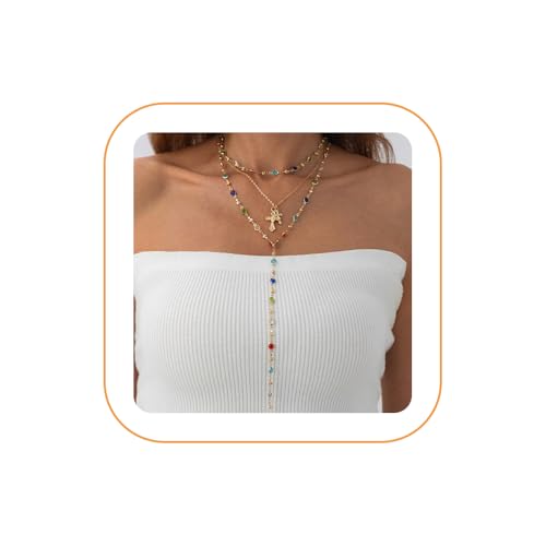 Layered Cross Necklace Set for Women, Layered Choker Necklaces Trendy Jewelry, Colorful Enamel Beaded Y-Shaped Lariat Necklace, Boho Multilayer Cross Necklace for Party and Daily Wear - color: Gold-13