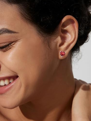 FindChic 2 Carat Birthstone Stud Earrings for Women, Round/Heart/Princess Cut Stud Earrings, Hypoallergenic Studs with 925 Sterling Silver Posts, 12 Months Birthday Jewelry Gift - color: 01. January-Garnet(Heart Cut)