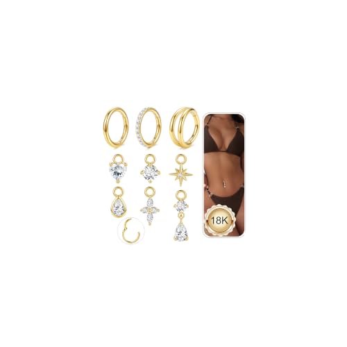 14G Hoop Belly Button Rings for Women Hypoallergenic Surgical Steel Cliker Dangle Belly Rings Hoop Gold Plated Heart Flower CZ Star Navel Piercing Jewelry With 6pcs Dangling Replacements 8/10mm - color: Gold, size: 10mm
