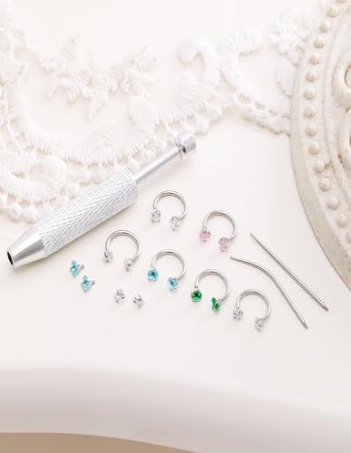 Horseshoe Nose Ring for Women Surgical Steel 18G Double Gem Nose Ring Hoop Cartilage Helix Daith Tragus Half Hoop Earrings Septum Labret Lip Eyebrow Piercing Jewelry Silver Plated - color: A: Silver 6Pcs(blue)