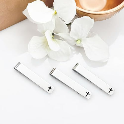 Wedding Party Tie Clip Set of 3 – Stainless Steel Silver Tie Bars for Men – Fishing, Hunting, Golfing, Cross, Suit Designs – Gifts for Groomsmen and Best