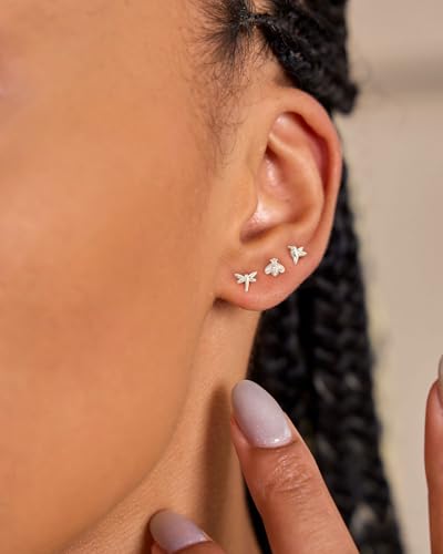 3 Pair Tiny Flat Back Earrings for Women - 14K Gold/White Gold Plated Dainty Cute Small Screw Flatback Stud Earring, Everyday Wear Gift - color: Hummingbird Bee Dragonfly Flat-5/6/6mm Silver