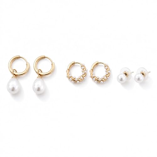 3 Pairs Small Hoop Earring Stacks, 14K Gold Plated Dangle Earrings for Multiple Piercing Cartilage, Dainty Gold Stud Hoop Gifts for Women Valentine's Christmas Holiday Daily Wear - color: Pearl