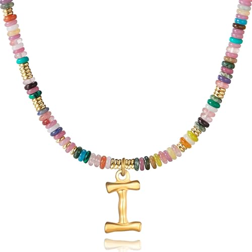 YOUFENG Initial Letter Necklaces for Women Colorful Beaded Gemstone Choker 14K Gold Plated Bamboo Letter Pendant Necklace Natural Stone Handmade Jewelry Gift - color: I