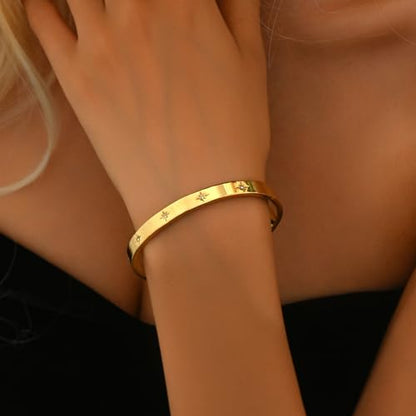 Gold Bangle for Women 18K Gold Plated Bamboo Heart Star Labyrinth Bangle Bracelets Dainty Stainless Steel Jewelry Gifts - color: North Star Bangle-Gold
