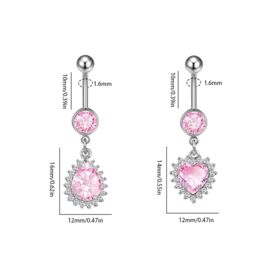14G Heart and Waterdrop Dangle Belly Button Rings | Stainless Steel, Pink CZ, Dangle Charm Belly Rings, Navel Piercing Barbell, Body Piercing Jewelry - color: Silver