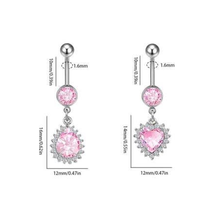 14G Heart and Waterdrop Dangle Belly Button Rings | Stainless Steel, Pink CZ, Dangle Charm Belly Rings, Navel Piercing Barbell, Body Piercing Jewelry - color: Silver