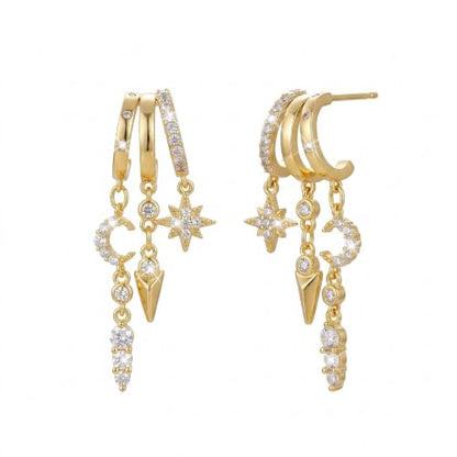 Sonateomber Gold Silver Small Hoop Dangle Earrings for Women, Trendy Dainty Rhinestone CZ Dangling Prom Wedding Leaf Flower Snowflake Butterfly Starfish Fashion Jewelry Gift - color: Celestial Star
