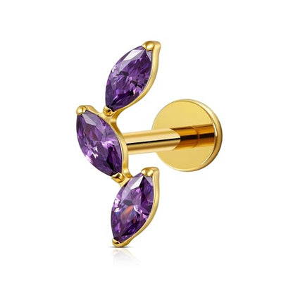 FINE4U 16G CZ Cluster Climber Cartilage Earring for Helix, Tragus - ASTM F136 Titanium Triple Marquise Labret Stud, Screw on Nickel Free Flat Back Jewelry - color: Triple Marquise - Amethyst CZ - Gold