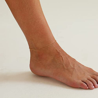 Dainty Ankle Bracelets for Women 18K Gold Plated Waterproof | Satellite Beaded Herringbone Lip Chain Anklets Simple Minimalist Summer Beach Foot Jewelry, Gift Box Included - color: Satellite-Gold