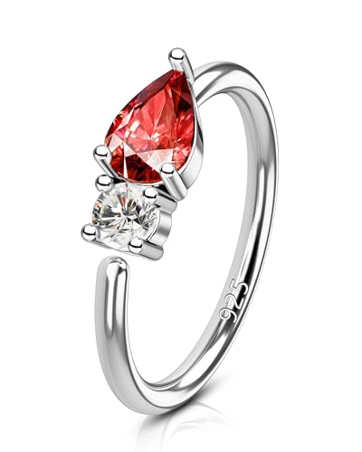 20G 925 Sterling Silver Small Thin Nose Ring Hoop for Women, Silver 7mm - 8mm Adjustable Half Hoop Nostril Piercing Jewelry - color: Red CZ