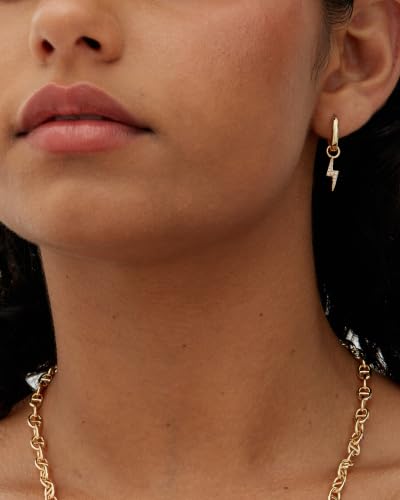 PAVOI 14K Gold Plated S925 Sterling Silver Post Lightweight Drop Dangle Huggie Hoop Earrings for Women | Star, Lock, Pearl, Cross, Lightening, Coin | Dainty Earrings - style: Lightning