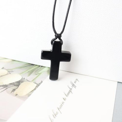 FANASY Natural Gemstone Pendant Necklace for Men Healing Crystal Pendant Adjustable Black Rope Necklace Jewelry Gifts for Women Men - color: X- Cross Obsidian