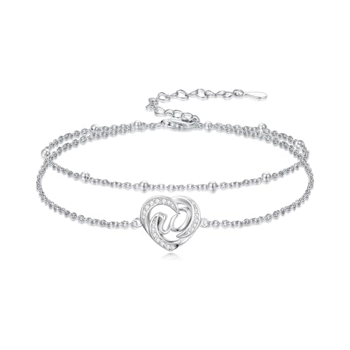 Dorunmo Initial Anklet 925 Sterling Silver Letter A-Z Layered Heart Anklet Beach Jewelry Birthday Gifts for Women - color: W