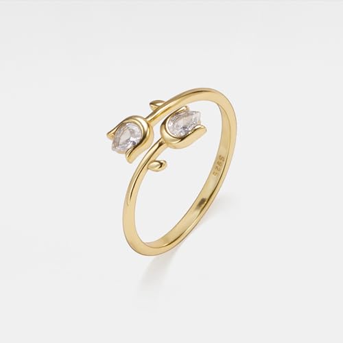 PERIMADE 18K Gold Plated CZ Tulip Ring for Women, Hypoallergenic Solid 925 Sterlig Silver Flower Open Band Ring, Adjustable Cubic Zirconia Stacking Finger Ring, Dainty Anniversary Birthday Jewelry Gift - color: Gold