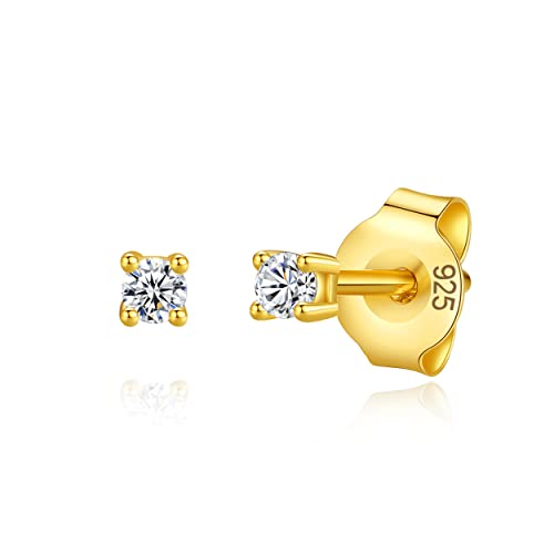 925 Sterling Silver 4 Prong Cubic Zirconia Stud Earrings for Women, Hypoallergenic, Sizes 2mm-6mm - color: Gold, size: 2mm