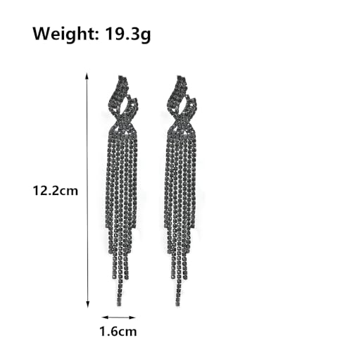 Long Rhinestone Tassel Statement Earrings for Women Bohemia Crystal Flower Leaf Dangle Earrings Minimalist Exaggerated Zircon Earrings Prom Jewelry (Black)