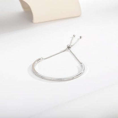 14K Gold Bracelets for Women Adjustable Slider Bracelet Bangle Bracelets for Women Trendy Chain Bracelet - color: Silver CZ Bar