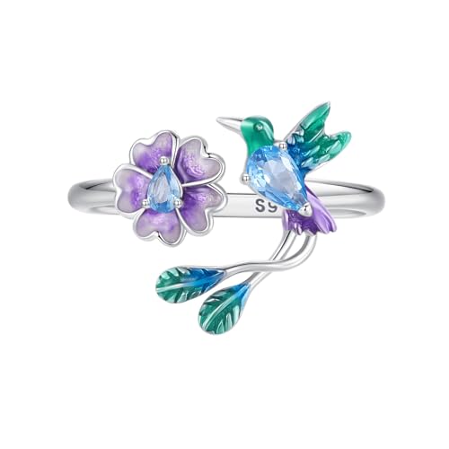 925 Sterling Silver Adjustable Open Ring for Women Trendy Jewelry Gift - color: Green bird