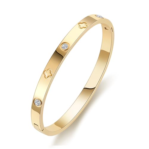 PDWZNBA 18K Gold-Plated Love Friendship Bracelets Trendy Stainless Steel Bangle Jewelry Gifts for Women - style: Clover-Gold