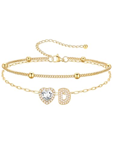 PROSTEEL Initial Ankle Bracelets for Women Waterproof, A-Z Gold/Silver Layered Anklets Adjustable, Summer Beach Gift Jewelry - color: Gold, size: D
