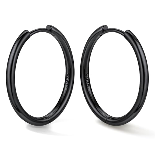 Bestyle Sterling Silver Small Hoop Earrings for Women, Hypoallergenic Silver/Black/Rose Gold/Gold Small Huggie Hoops Helix Cartilage Earring for Multiple Piercing Sleep, Size 8/10/12/14/16/18/20mm - color: Black-Sterling Silver, size: 20mm