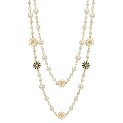 Long Pearl Necklace for Women, Layered Faux Pearl Station Necklace, Gold Tone Double Strand for Wedding Guest Looks and Evening Styling - color: Golden Sun flower 060
