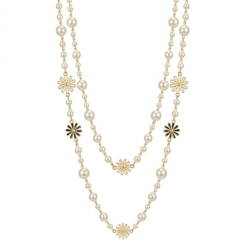 Long Pearl Necklace for Women, Layered Faux Pearl Station Necklace, Gold Tone Double Strand for Wedding Guest Looks and Evening Styling - color: Golden Sun flower 060