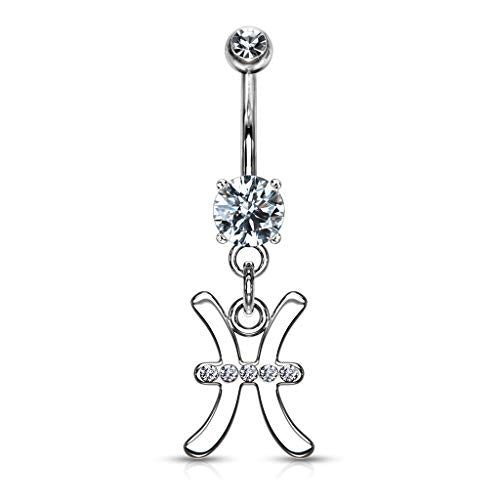 Forbidden Body Jewelry Surgical Steel CZ Jeweled Zodiac Sign Dangle Belly Button Ring - style: Pisces