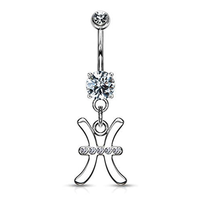 Forbidden Body Jewelry Surgical Steel CZ Jeweled Zodiac Sign Dangle Belly Button Ring - style: Pisces
