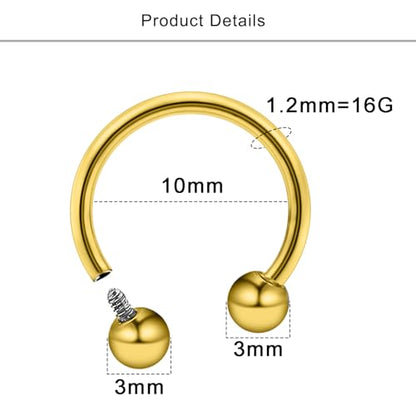 Lcolyoli 16g Septum Rings Internally Threaded Surgical Steel Septum Jewelry Lip Rings Hoop Labret Jewelry Horseshoe Earrings Daith Piercing Jewelry for Women Men - color: 16g,Inner diameter:10mm,silvertone+goldtone
