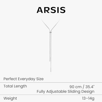 ARSIS Lariat Long Gold Necklace for Women, 18K Gold/Platinum Plated Y-Shaped Drop Dangle Pendant Necklace, Long Adjustable Pull Slider Chain Jewelry Gift for Her - color: Silver-herringbone slider