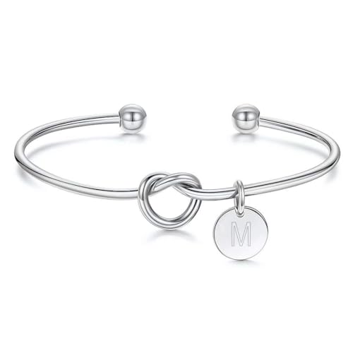 M MOOHAM Gold Initial Bracelets Gifts for Women Teen Girls - Dainty Tie the Knot Letter A-Z Initial Bracelet for Women 14K Gold Plated Cuff Bracelet Jewelry Personalized Bridesmaid Proposal Gifts - style: M - Silver