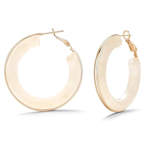 Resin Gold Hoop Earrings Leverback Chunky Statement Drop Vintage Jewelry | Acrylic Hypoallergenic Dangle Huggie Summer Fun Colorful Unique Big Funky Vacation Festivel Prom Dressy Outfits for Women - color: White, size: Hoop