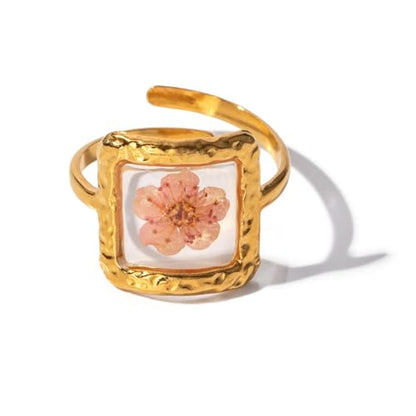 Hebelee Handmade Dried Flower Statement Ring for Women | Gold-Toned Stainless Steel,Adjustable,Pressed Blossom Forget-Me-Not Flowers Open Band Rings,Wedding Holiday Jewelry - color: Square Pink