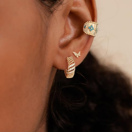 Women Gold Earrings Huggie Hoop Cubic Zirconia 14K Gold Plated Small Simple Hypoallergenic Everyday Jewelry - style: Twist
