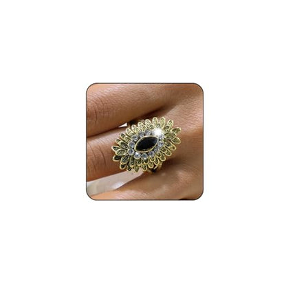 Boho Retro Rhinestone Ring Ethnic Big Flower Crystal Finger Ring Trendy Statement Tribal Indian Dance Costume Ring Jewelry for Women - color: Gold-black