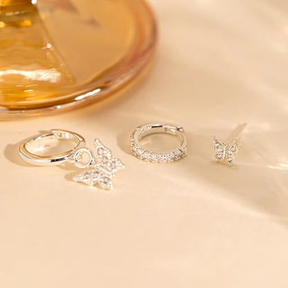 3 Pairs Earring Stacks, Gold Earring Set Jewelry Gift for Women | Small, 14K Gold/White Gold/Black/Rose Gold Plated, Hypoallergenic, Her, Everday, Stackable, Simple, 3 Holes - color: Silver-Butterfly