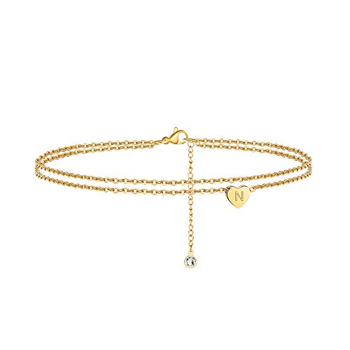Ankle Bracelets for Women, 14K Gold Plated Dainty Layered Heart Initial Anklets for Women Gifts - style: N